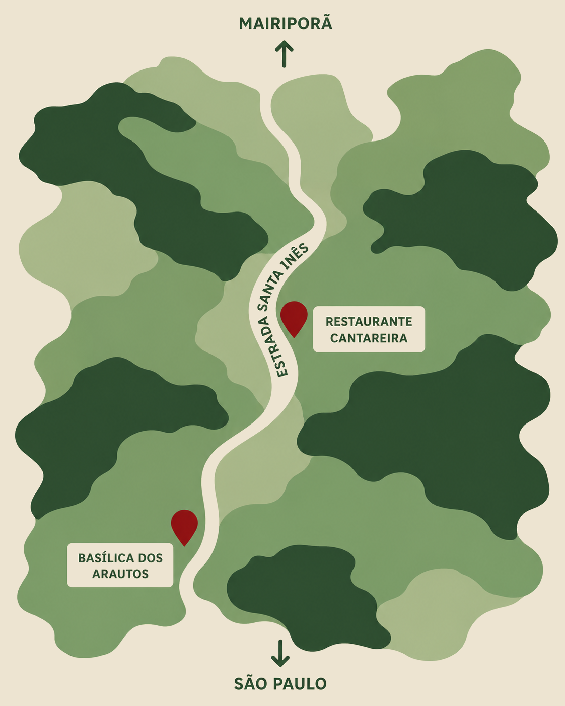 Mapa ilustrado da localização do Restaurante Cantareira na Estrada Santa Inês, entre São Paulo e Mairiporã